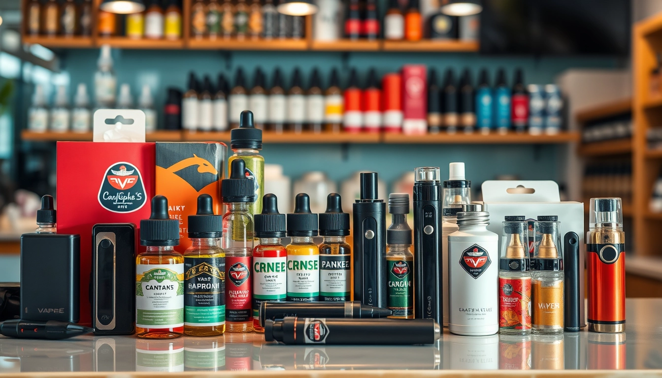 A collection of premium vape products from a leading vape wholesale supplier, featuring e-liquids, disposable vapes, and vape kits.